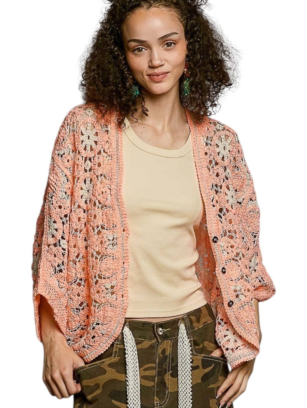 POL Peach Coral Crochet Batwing Cardigan Open Knit Boho Festival OS NWOT